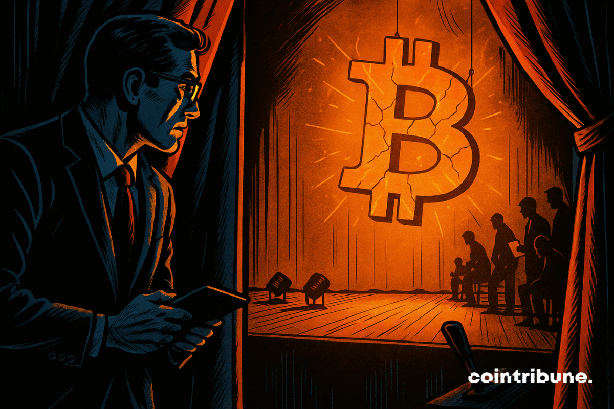 Um investidor carismático, levemente inclinado para frente, observando ou esperando o momento certo. Ele permanece à sombra, em segundo plano. O logotipo do Bitcoin, enorme, suspenso por cabos finos, está brilhantemente iluminado como uma divindade ou ídolo moderno. Parece rachado, prestes a “explodir” ou descer ao palco principal, evocando uma tensão iminente.