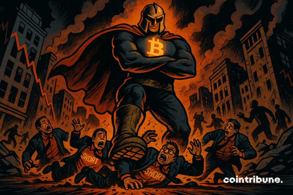 Uma encarnação humanoide do Bitcoin pisa com confiança em um grupo de personagens esmagados no chão, representando os vendedores a descoberto.