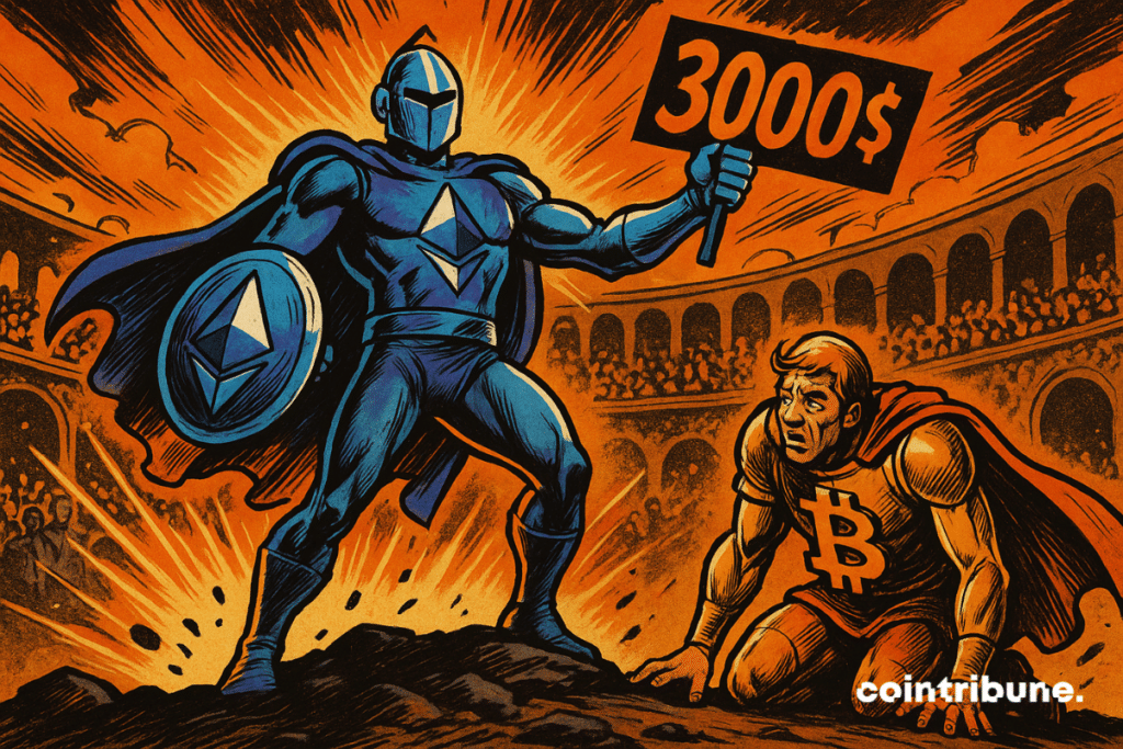 Ethereum triunfa sobre Bitcoin em uma arena, segurando uma placa de "US$ 3.000".
