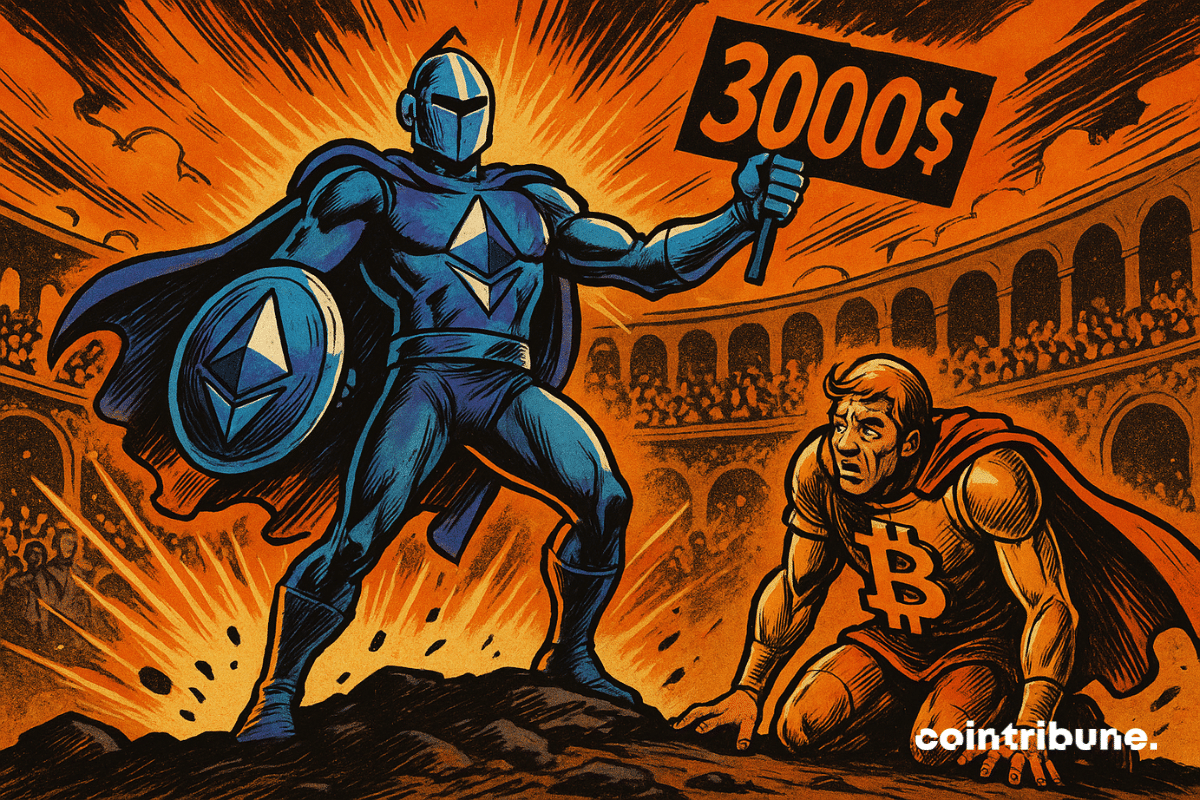 Ethereum triunfa sobre Bitcoin em uma arena, segurando uma placa de "US$ 3.000".