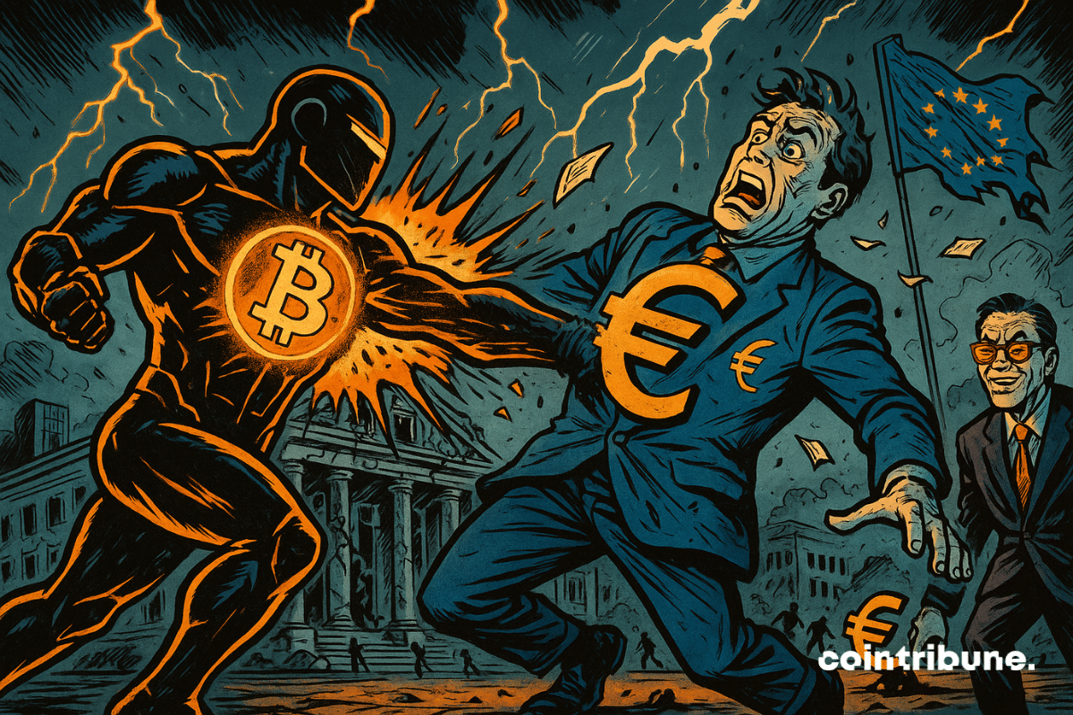 Um duelo monetário entre o Bitcoin e o euro em uma grande praça de Frankfurt, diante de um prédio inspirado no Banco Central Europeu.