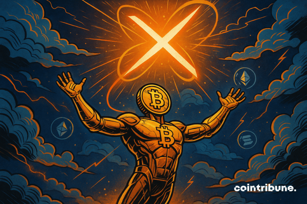 Uma figura humanoide gigante feita de circuitos impressos dourados, representando o Bitcoin personificado. Ela está em pé sobre um promontório de nuvens estilizadas. Sua cabeça foi substituída por um grande logotipo do Bitcoin. Seus braços estão erguidos para o céu em uma pose de vitória ou invocação divina.