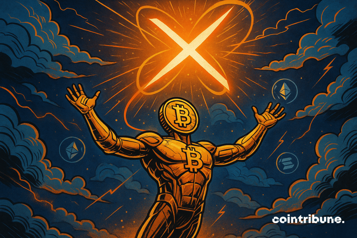 Uma figura humanoide gigante feita de circuitos impressos dourados, representando o Bitcoin personificado. Ela está em pé sobre um promontório de nuvens estilizadas. Sua cabeça foi substituída por um grande logotipo do Bitcoin. Seus braços estão erguidos para o céu em uma pose de vitória ou invocação divina.