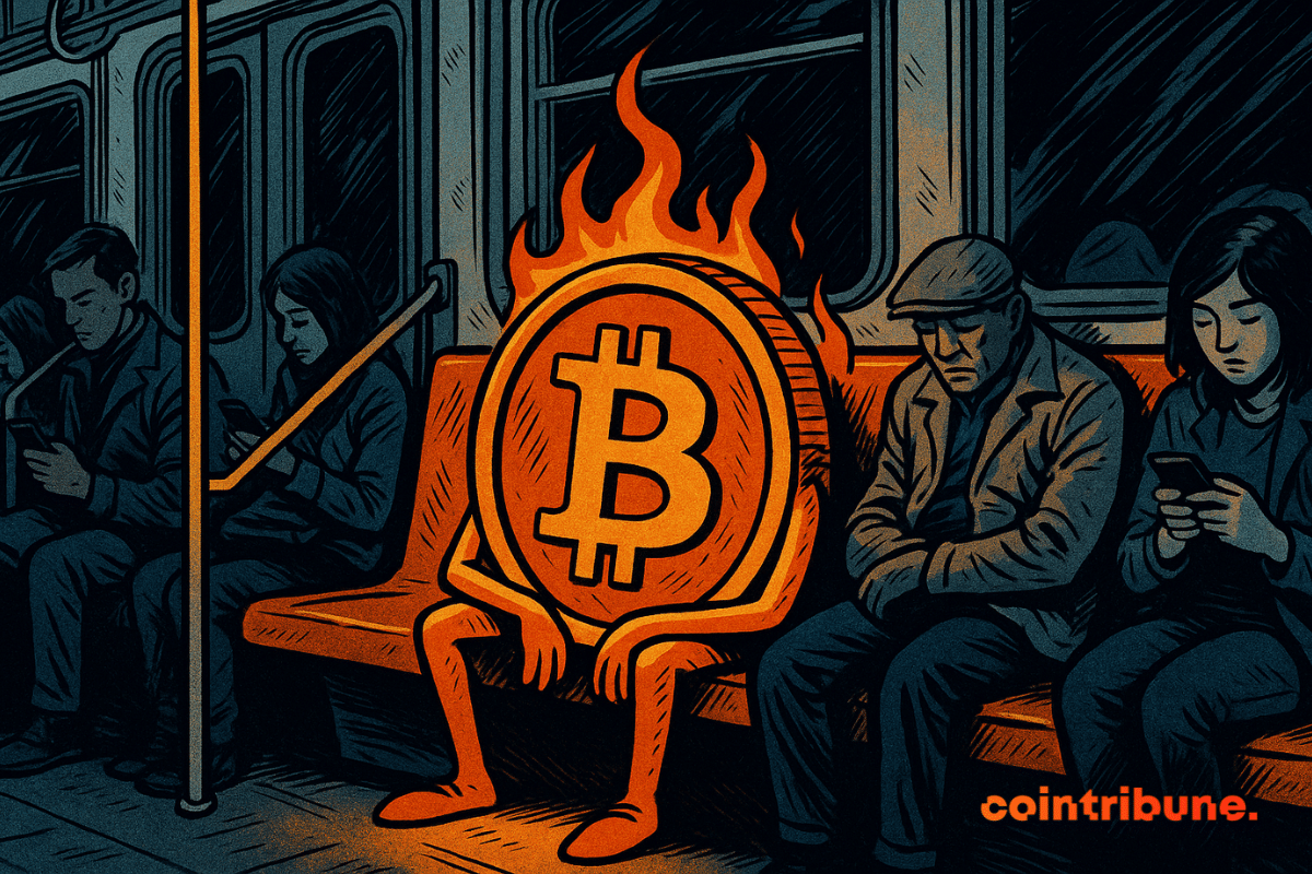Uma moeda de Bitcoin sentada sozinha no centro de um vagão dentro do metrô.