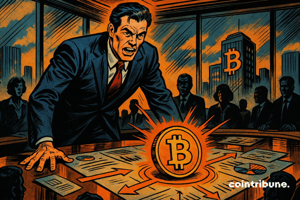CEO apresenta Bitcoin brilhante na sala de reuniões.