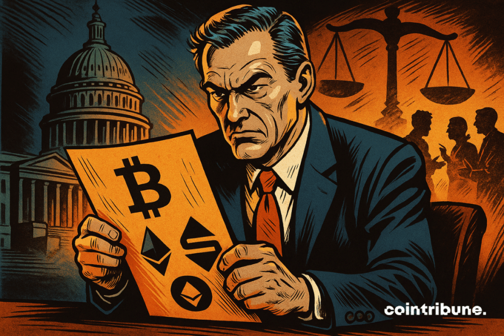 Ilustração de um senador tenso, com um documento de criptomoeda na mão, o Capitólio ao fundo.