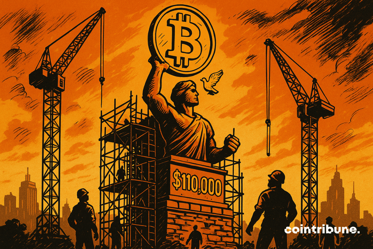 A imagem retrata uma enorme estátua de Bitcoin em construção, segurando um símbolo ₿ em relevo voltado para o céu. Cercada por guindastes, andaimes e silhuetas de trabalhadores, a cena é banhada por intensos tons de laranja, evocando um pôr do sol dramático. A base da estátua apresenta o grande número US$ 110.000, simbolizando um avanço histórico iminente. Uma pomba em voo adiciona um toque de paz e esperança, enquanto o estilo de história em quadrinhos dos anos 1970 acentua a dimensão épica e monumental do momento.