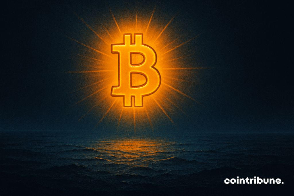 A glowing Bitcoin symbol rises over a dark, quiet ocean, symbolizing high BTC prices amid low on-chain activity and an unusually empty mempool.