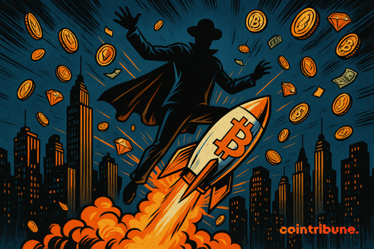 Uma figura misteriosa surge no céu noturno em um foguete adornado com o logotipo do Bitcoin