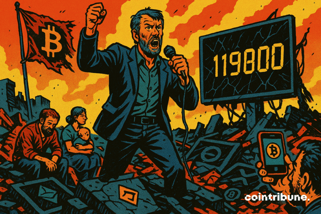 Saylor em um palanque desabado, com os braços erguidos em postura de líder e um microfone na mão. Ele improvisa um discurso em meio a um mercado em ruínas, simbolizando sua citação para galvanizar os investidores de Bitcoin.