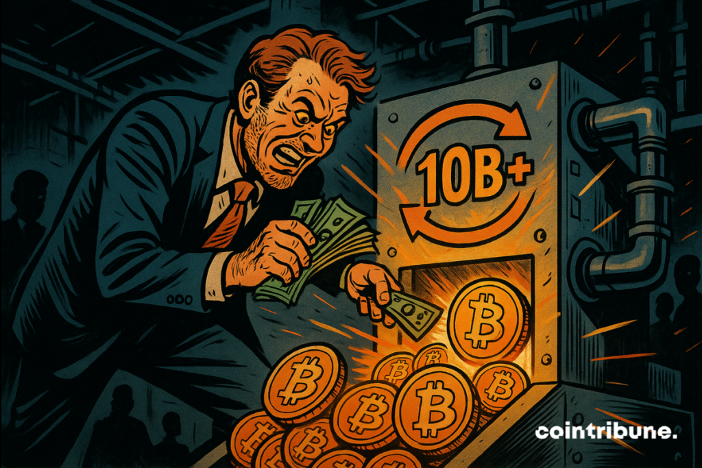 Um CEO eufórico enfia maços de dinheiro em uma máquina que imprime bitcoin.