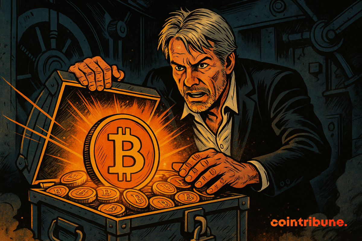 Ilustração de Michael Saylor retomando suas compras de Bitcoin.