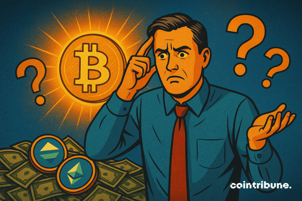 Confused man surrounded by Bitcoin and Ethereum symbols, illustrating the widespread lack of understanding about cryptocurrency.