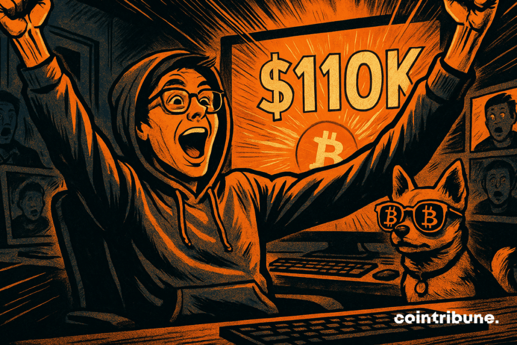 Um trader de criptomoedas levanta os braços em frente a uma tela que mostra "US$ 110 mil" e o logotipo do Bitcoin.