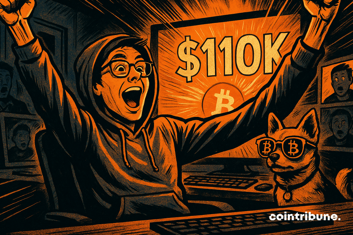 Um trader de criptomoedas levanta os braços em frente a uma tela que mostra "US$ 110 mil" e o logotipo do Bitcoin.