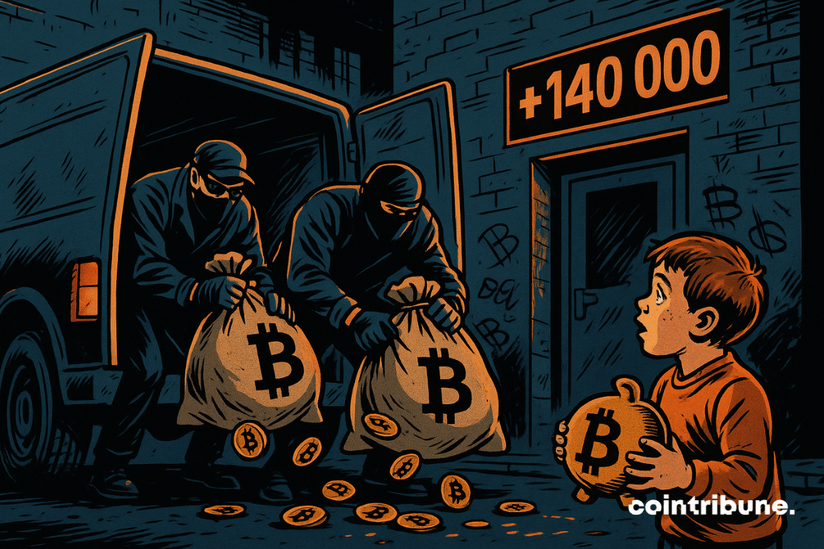 Dois entregadores anônimos, com os rostos parcialmente cobertos por bonés ou óculos escuros, estão descarregando grandes sacos marcados com o símbolo ₿ do Bitcoin.