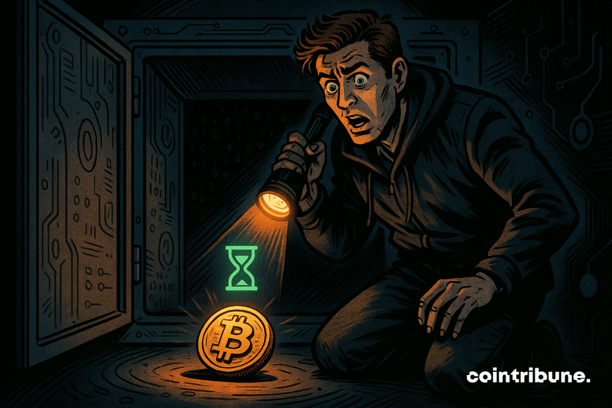 Um investidor segura uma lanterna laranja que ilumina o fundo do cofre. Ele parece surpreso, boca entreaberta, olhos arregalados, levemente inclinado para frente. Uma única moeda de Bitcoin (dourada, com o símbolo "₿") está no chão do cofre, isolada, banhada em luz. A moeda parece um pouco desgastada e projeta um brilho intenso que contrasta fortemente com o ambiente opaco.