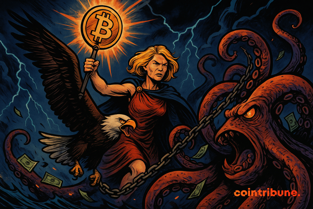 Uma mulher feroz cavalga uma águia americana por um céu tempestuoso, segurando um bastão brilhante de Bitcoin enquanto luta contra um polvo vermelho gigante com notas de dólar presas em seus tentáculos.