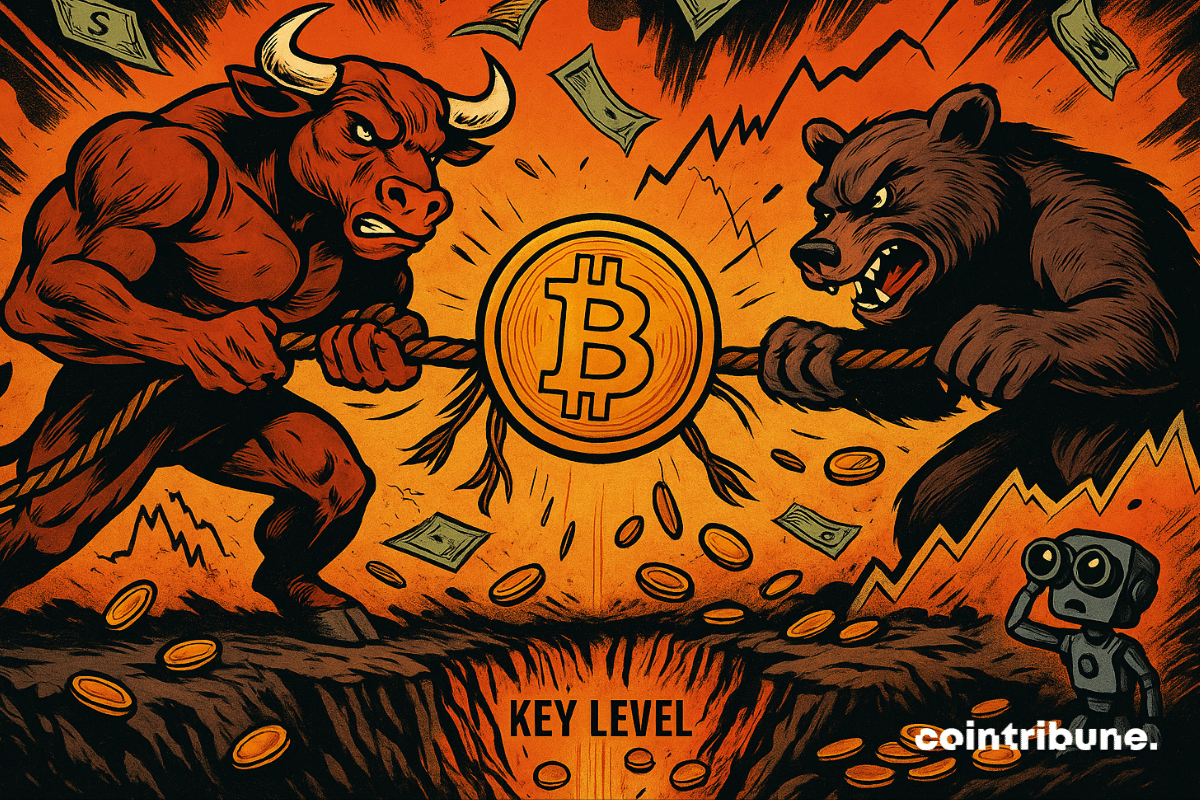 Touro e urso brincam de cabo de guerra com o Bitcoin em um poço denominado nível-chave.