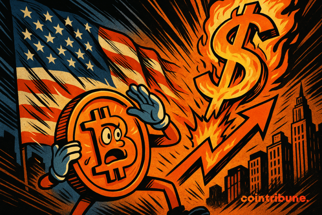 Ilustração em estilo de história em quadrinhos de um Bitcoin assustado enfrentando um dólar em alta.