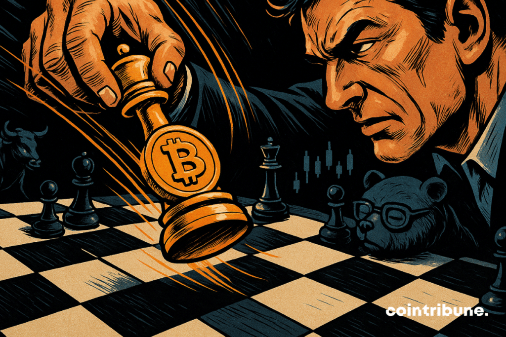 Comerciante movendo uma peça de xadrez Bitcoin em um tabuleiro simbólico.