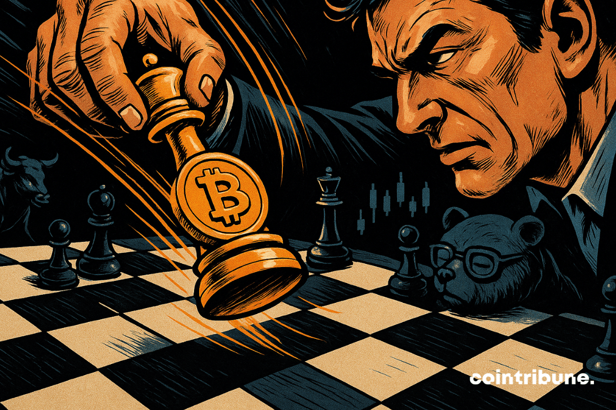 Comerciante movendo uma peça de xadrez Bitcoin em um tabuleiro simbólico.