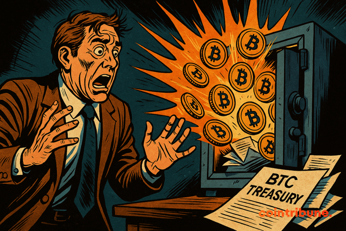 Um homem assustado de terno observa com horror enquanto moedas brilhantes de Bitcoin explodem de um cofre aberto rotulado como "BTC Treasury", espalhando papéis.