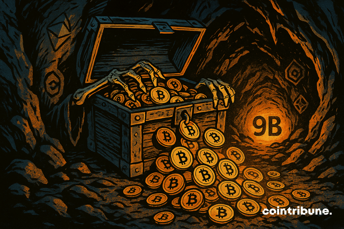 As mãos de um esqueleto emergem de um antigo baú de madeira transbordando de moedas Bitcoin brilhantes em uma caverna escura iluminada por um brilho laranja, com "9B" brilhando na parede.