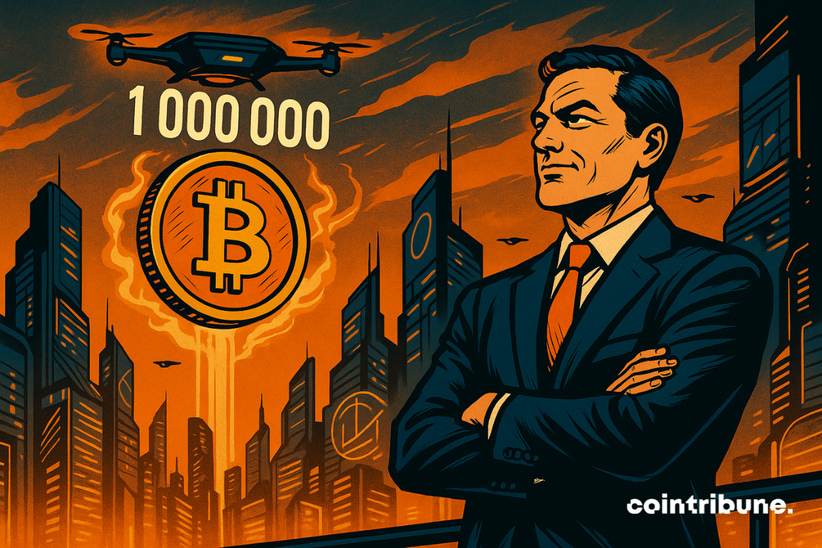 Un CEO déterminé domine une ville futuriste depuis un balcon, bras croisés, regard fixé sur un immense Bitcoin incandescent flottant dans le ciel. Un drone projette le chiffre **1 000 000**, symbolisant l’ambition démesurée et la vision prophétique d’un avenir façonné par la crypto. Palette intense de noir, orange et jaune, style comics années 70.
