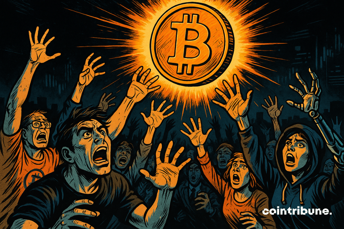Uma multidão de pessoas desesperadas, em estilo de história em quadrinhos, estende a mão em direção a um Bitcoin brilhante pairando acima delas, com uma iluminação dramática e uma mão robótica entre elas.