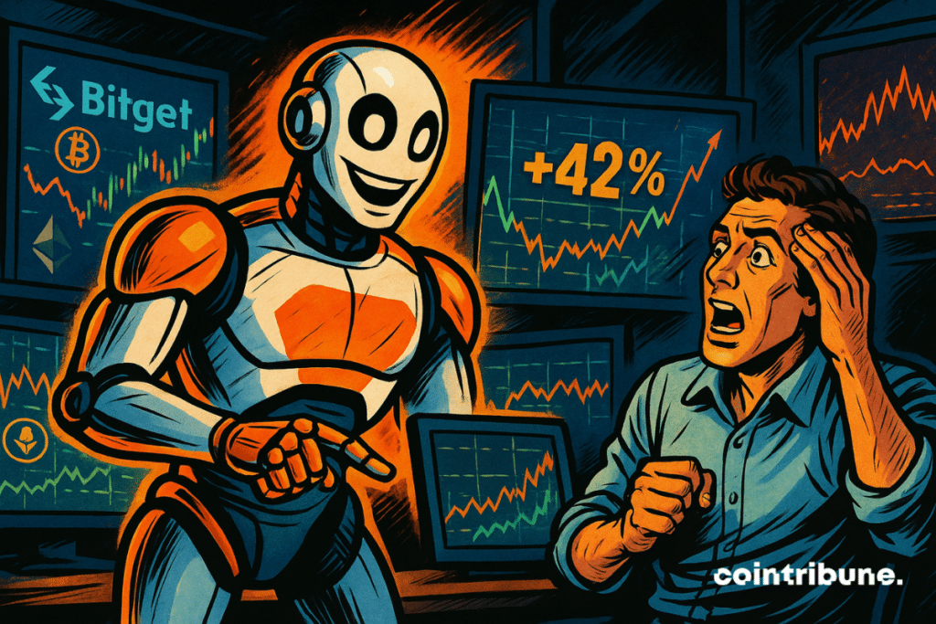 A radiant AI assistant robot helps a stunned trader achieve a +42% gain on screen, in a dynamic and high-contrast crypto setting.