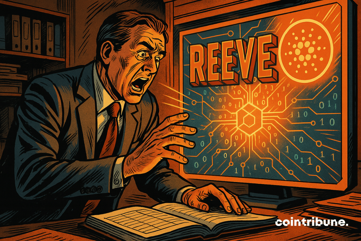 Um contador atordoado descobre o “REEVE” de Cardano em uma tela laranja de blockchain, contrastando com seu tradicional escritório escuro.