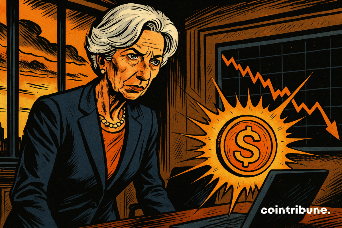 Christine Lagarde, focused, observes a threatening stablecoin symbol with a falling chart in her office.