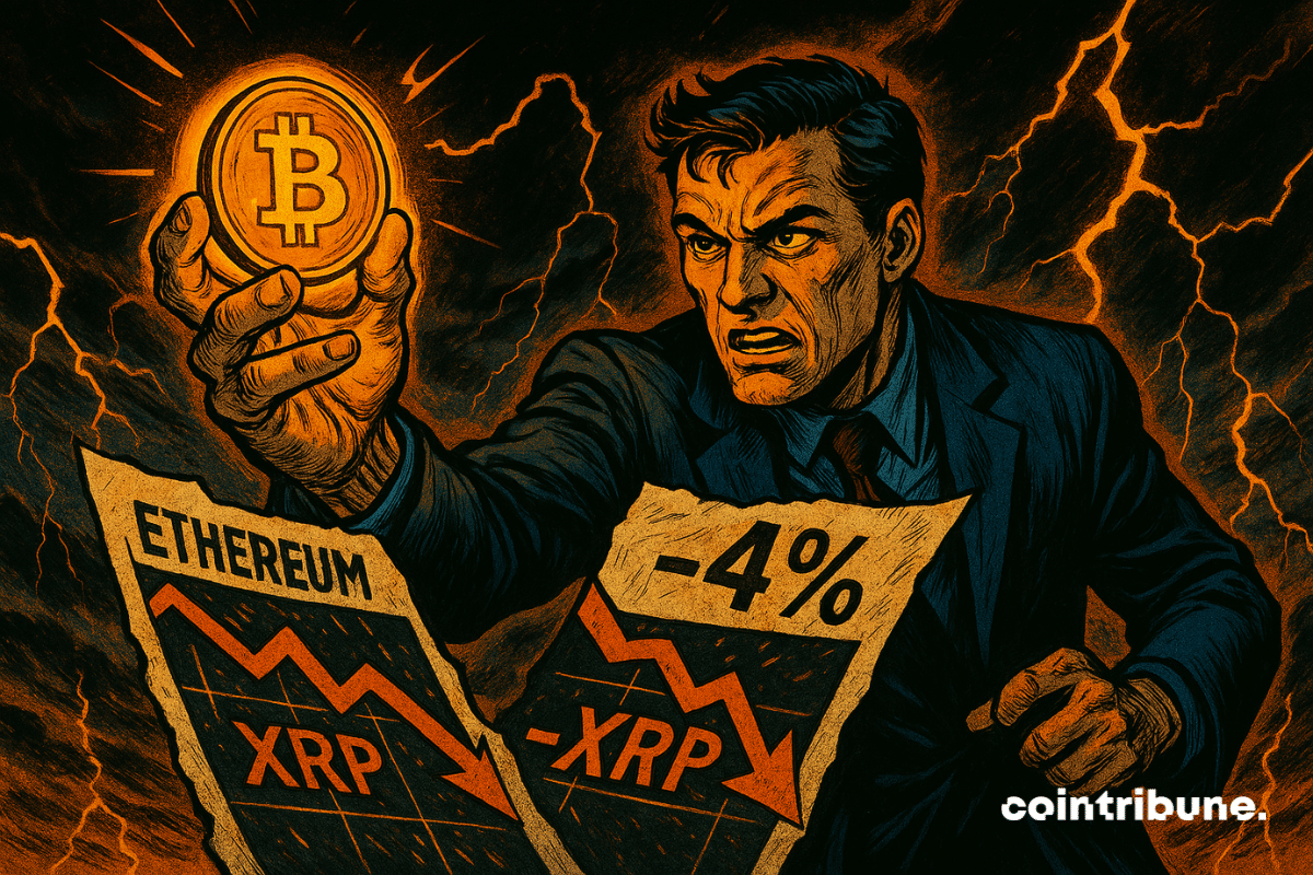 Um homem determinado agarra um Bitcoin brilhante em meio a uma tempestade. Ethereum e XRP estão em queda. Caos, relâmpagos, estilo de história em quadrinhos dos anos 70, energia dramática.