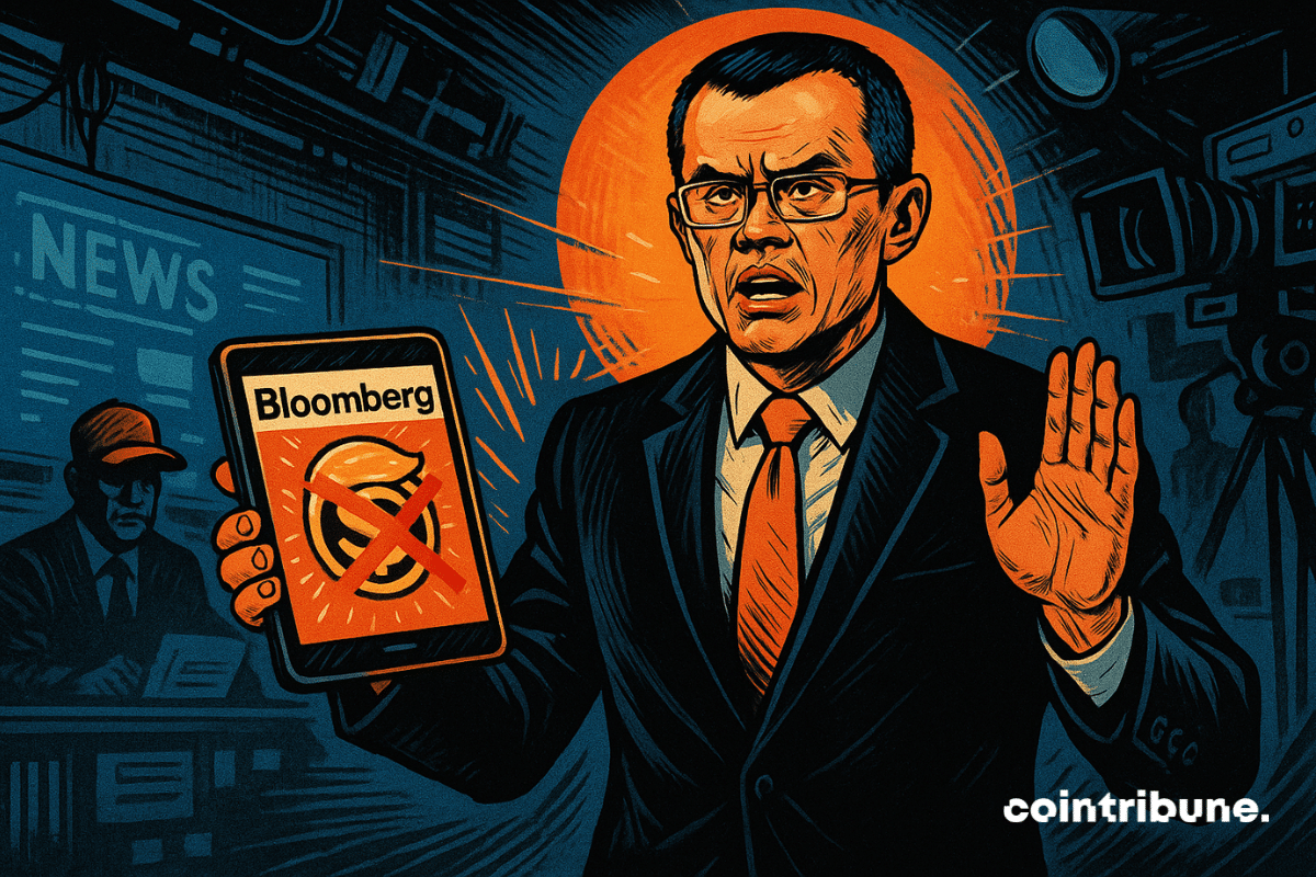CZ, ex-chefe da exchange de criptomoedas Binance, em pé, usando um terno preto ajustado, camisa branca e uma gravata laranja vibrante. Ele segura um tablet em uma das mãos, mostrando-o para a câmera. A outra mão está levantada em um gesto de contestação controlada. Sua expressão é séria e tensa, com uma mistura de raiva contida e determinação. Os olhos estão levemente semicerrados, os lábios pressionados e as sobrancelhas franzidas. Na tela do tablet, aparece uma falsa capa da Bloomberg com um grande “X” vermelho sobre o título, e ao fundo, um logotipo de stablecoin em tons de dourado e vermelho (referência implícita a Trump).