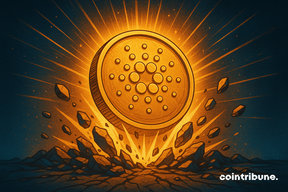 Illustration of a Cardano (ADA) coin erupting from the ground, symbolizing a powerful price surge.