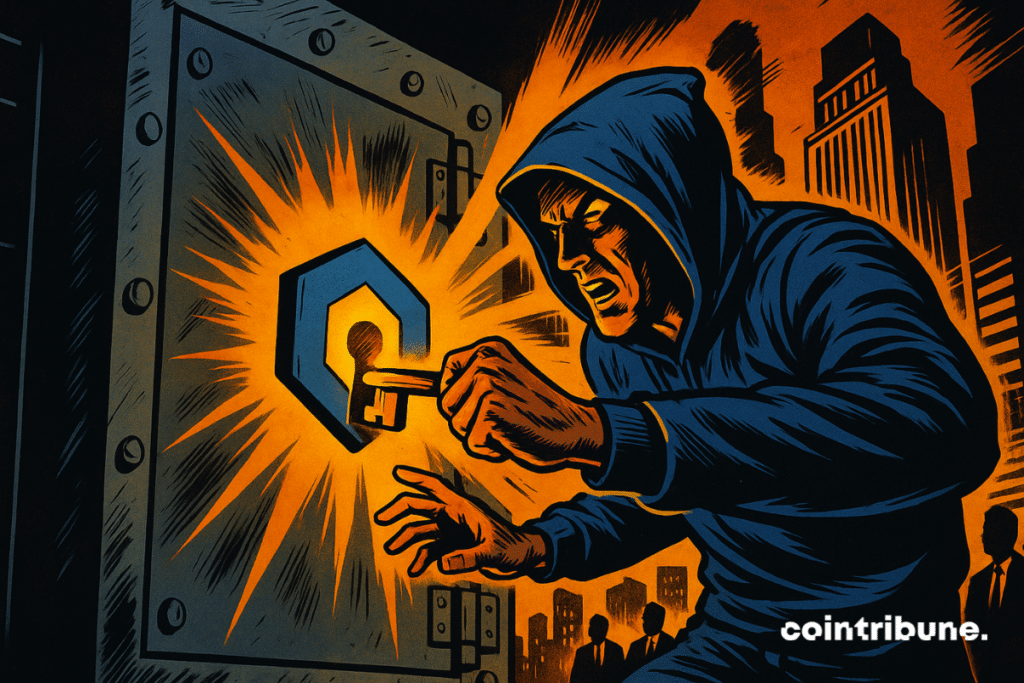 Un hombre encapuchado fuerza un cofre gigante iluminado por un seguro en forma del logotipo de la criptografía Chainlink.