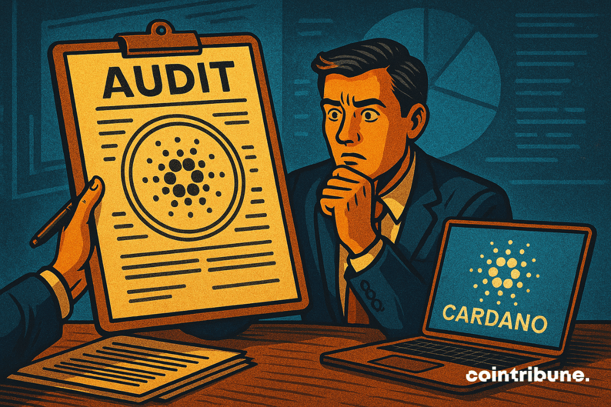 Ilustração de um homem revisando nervosamente um relatório de auditoria rotulado "Cardano" enquanto está sentado em uma mesa com um laptop exibindo o logotipo da Cardano.