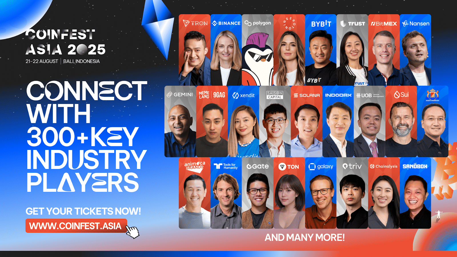 Promotional banner for Coinfest Asia 2025 in Bali, featuring portraits of major crypto industry figures and logos from companies like Binance, Bybit, Solana, Sui, and Animoca Brands.