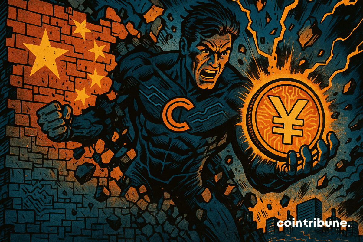 Um super-herói atravessa uma parede com a bandeira chinesa, segurando uma stablecoin brilhante com o símbolo do yuan.