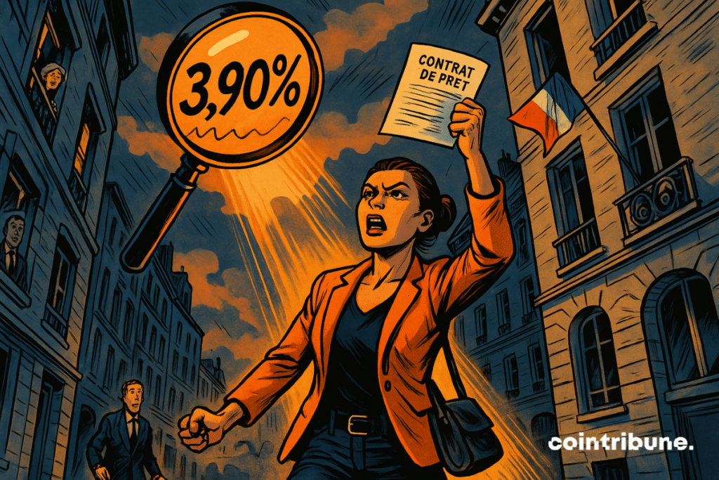 Jovem mulher em busca de um crédito imobiliário. Seu braço direito está levantado bem alto no ar, com o punho cerrado segurando um contrato de empréstimo; o braço esquerdo segura uma bolsa parcialmente aberta. O corpo está levemente inclinado para a frente. Uma lupa gigante flutuando no céu acima dela amplia o número “3,90%”, simbolizando a estagnação das taxas de crédito imobiliário na França.