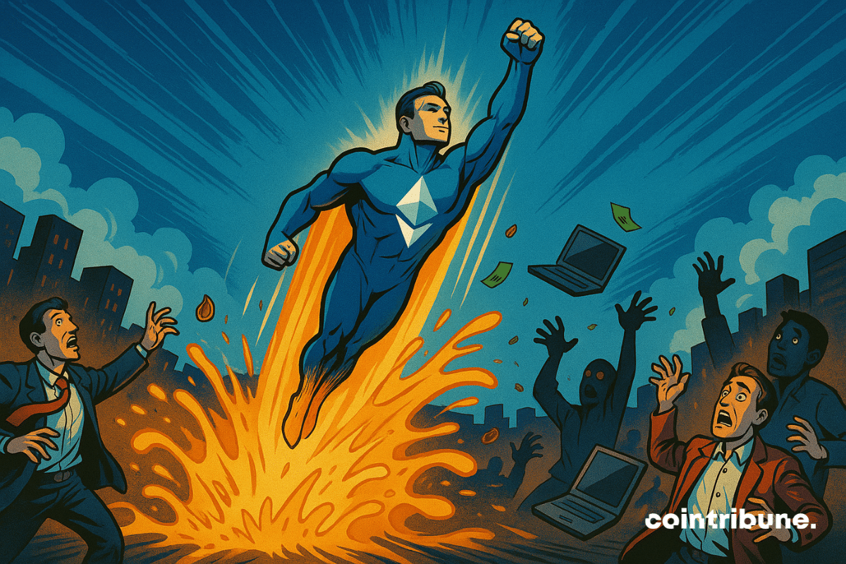 Um super-herói Ethereum voa pelo céu, simbolizando a ascensão rápida da criptomoeda.