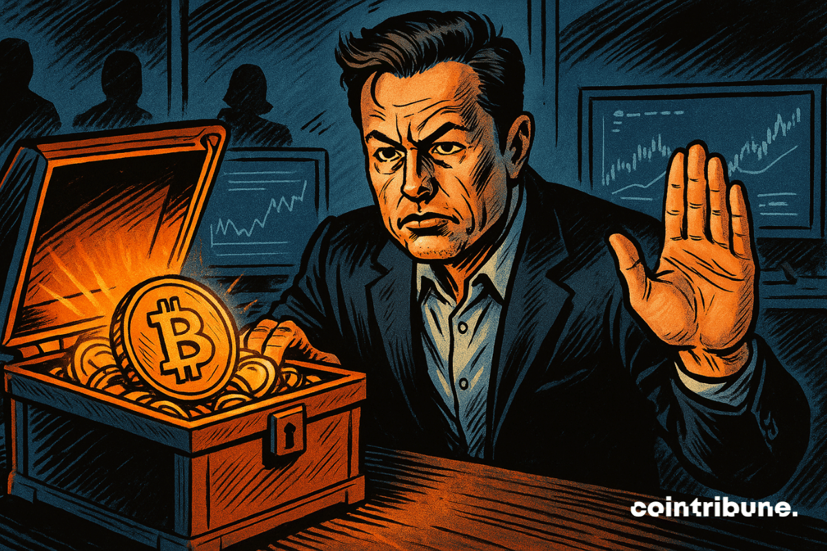 Elon Musk, mão esquerda sobre um cofre cripto, mão direita em sinal de parada.