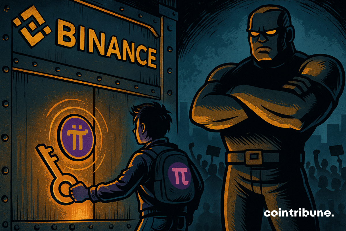 Um personagem jovem (estilo adolescente ou hacker), com o símbolo π na jaqueta, estende uma chave brilhante em direção a uma porta. A porta é guardada por um robô imponente, simbolizando a recusa da Binance em listar a criptomoeda Pi Network.