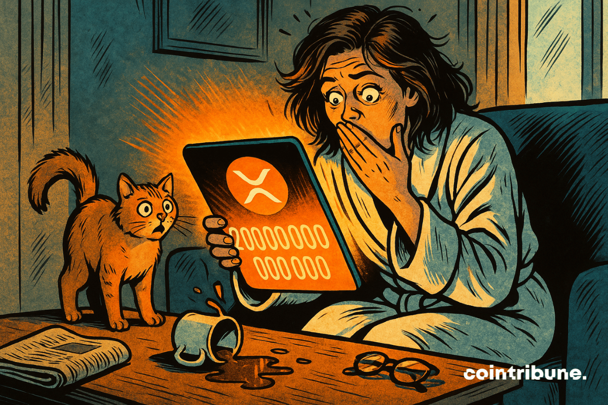 Uma mulher de cerca de trinta anos, de roupão branco e cabelos bagunçados como quem acabou de acordar, observa um tablet exibindo “200.000.000.000” com o logotipo da criptomoeda XRP brilhando no centro.