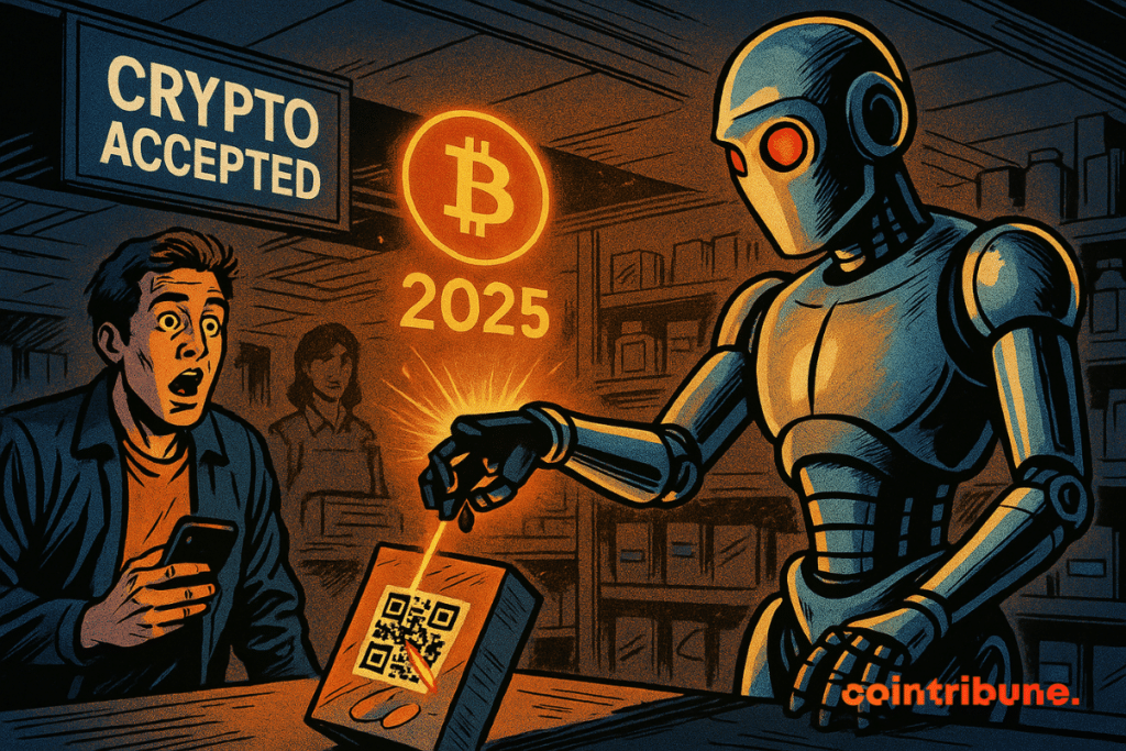 A humanoid robot scans a QR code on a cereal box at a grocery checkout, projecting a glowing Bitcoin logo and "2025" as a shocked customer watches.