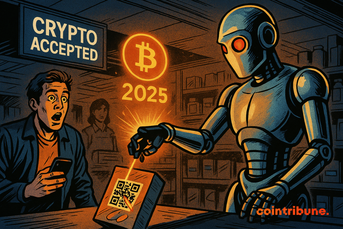 Um robô humanoide escaneia um código QR em uma caixa de cereal no caixa do supermercado, projetando um logotipo brilhante do Bitcoin e "2025" enquanto um cliente chocado observa.