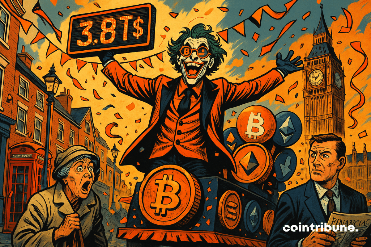 Um desfile cripto em Londres, simbolizando a capitalização de mercado da indústria.