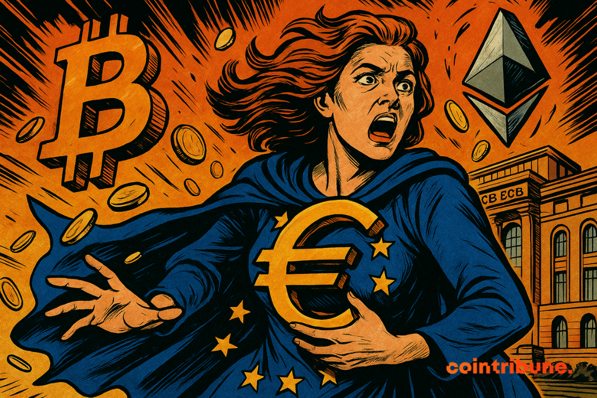 Une femme en cape bleue décorée d’étoiles européennes protège un symbole de l’euro, tandis que les logos de Bitcoin et Ethereum l’encerclent violemment devant le bâtiment de la BCE.