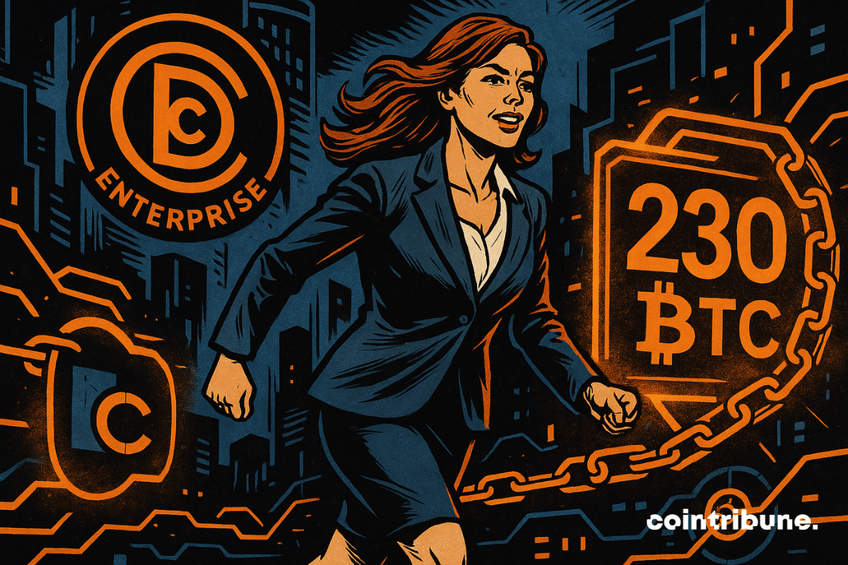 Uma mulher de negócios confiante caminha em um ambiente digital, com elementos de blockchain e o logotipo da DDC Enterprise.
